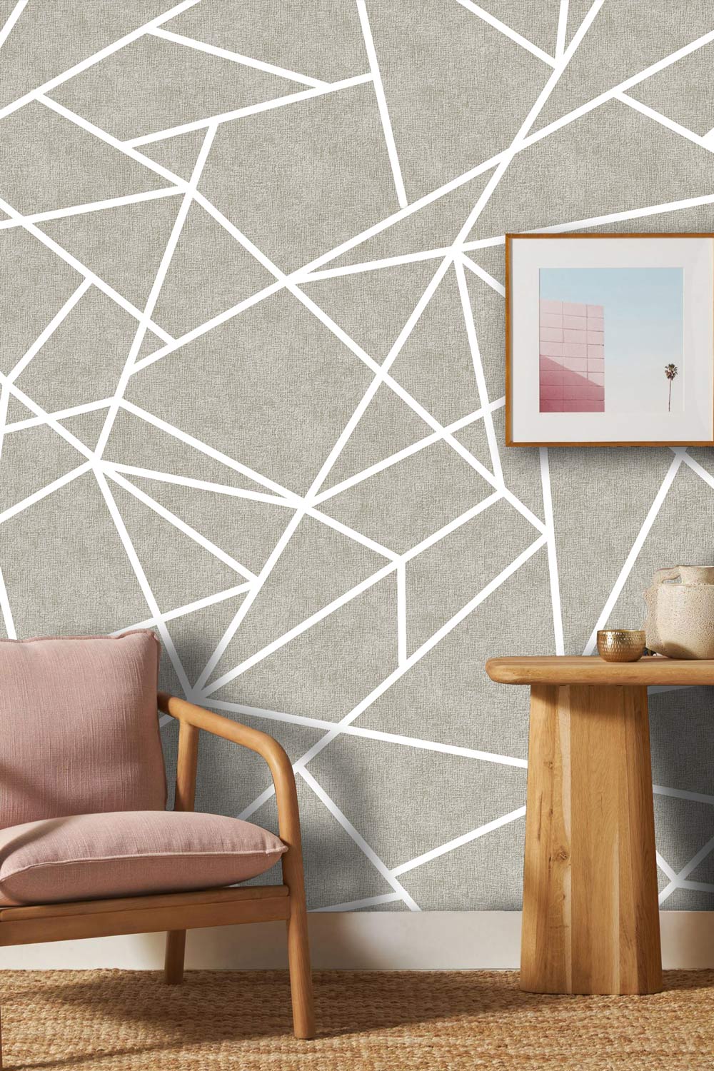Modern Geometric Beige Mural Wallpaper in living room