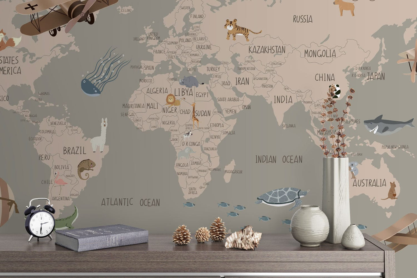 Hallway Decoration Using a Wallpaper Mural With a Gray and Pink Map