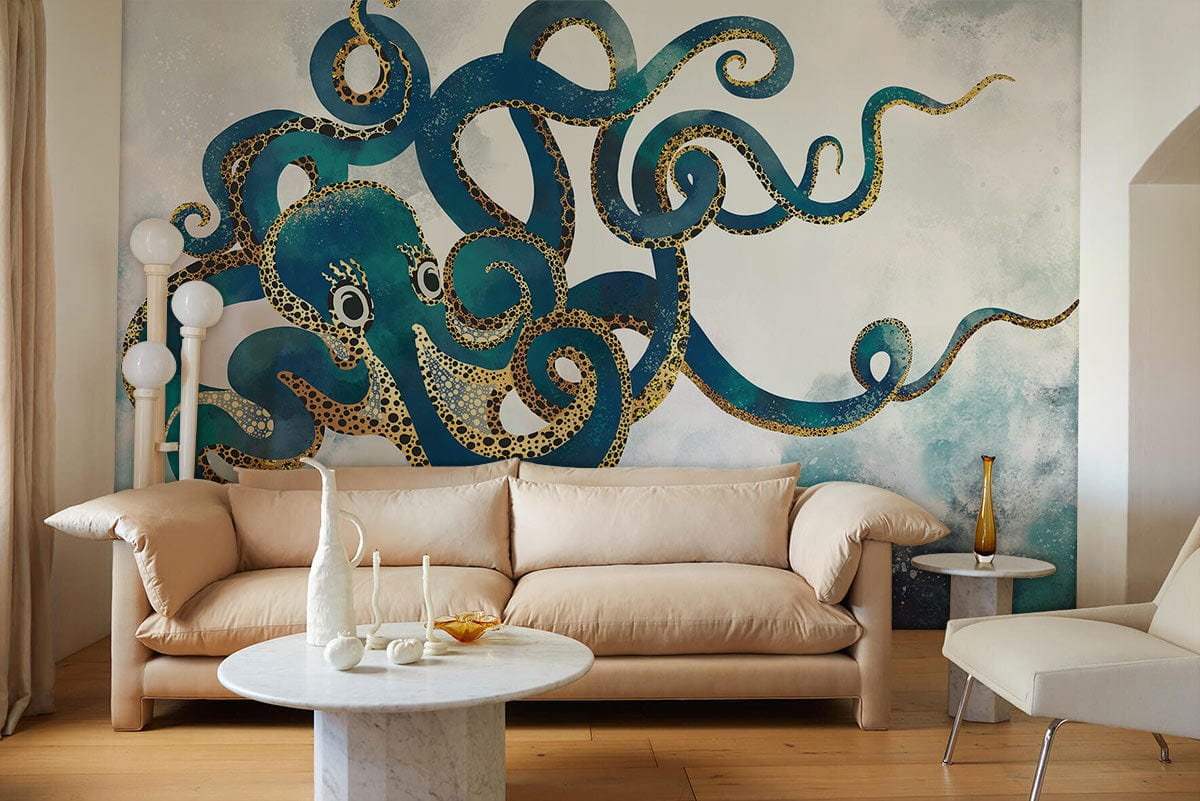 Whimsical Ocean Octopus Art Mural Wallpaper in living room