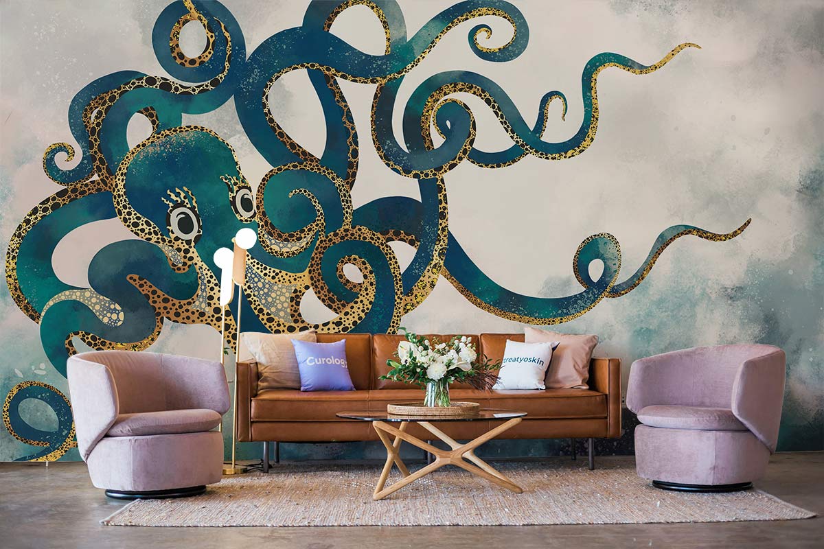 Whimsical Ocean Octopus Art Mural Wallpaper in living room