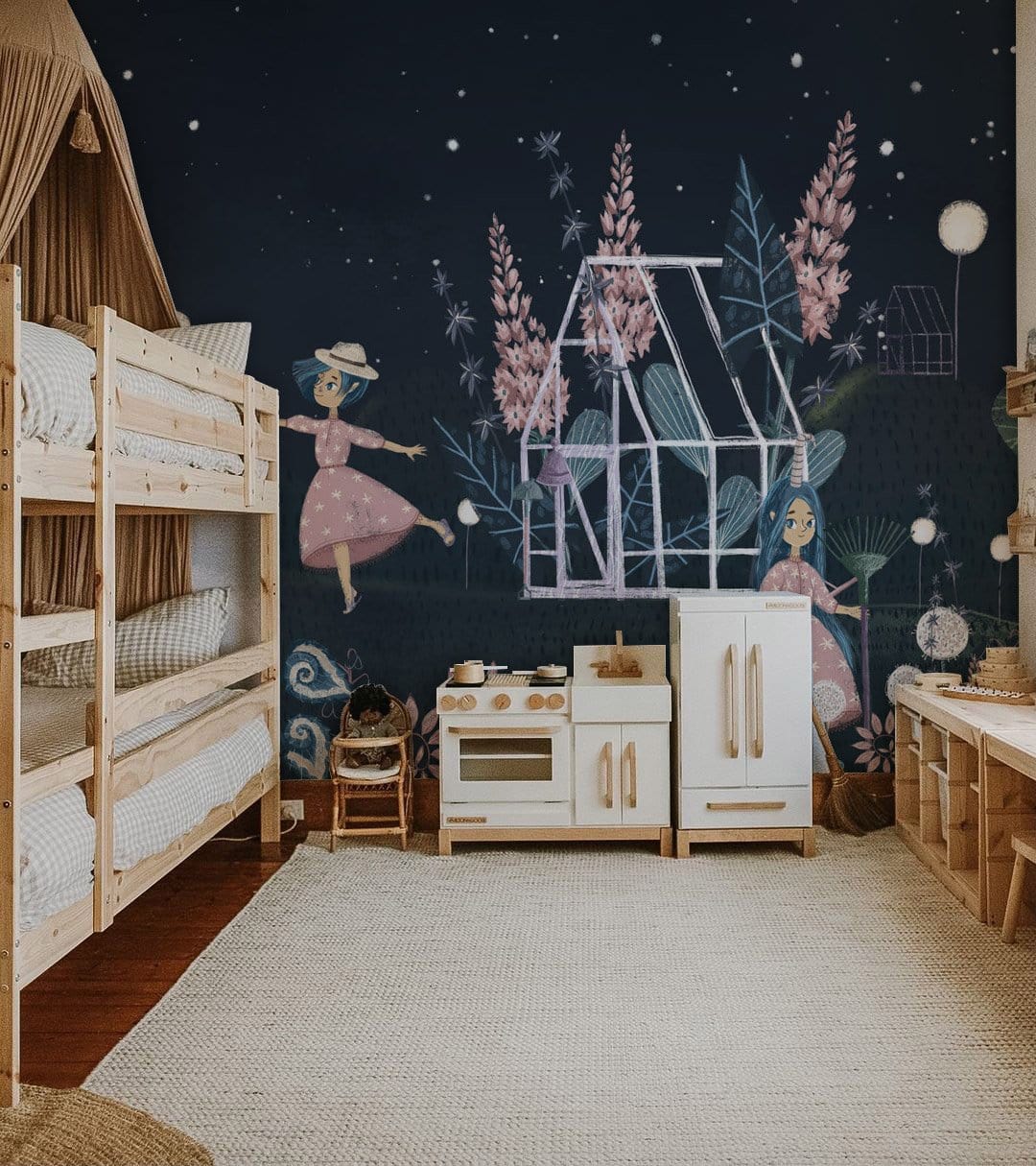 Wallpaper mural for the bedroom decor with a girl and flowers.