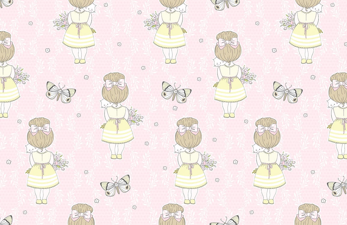Girl with Her Cat and Butterflies Cartoon Mural Wallpaper Art Design