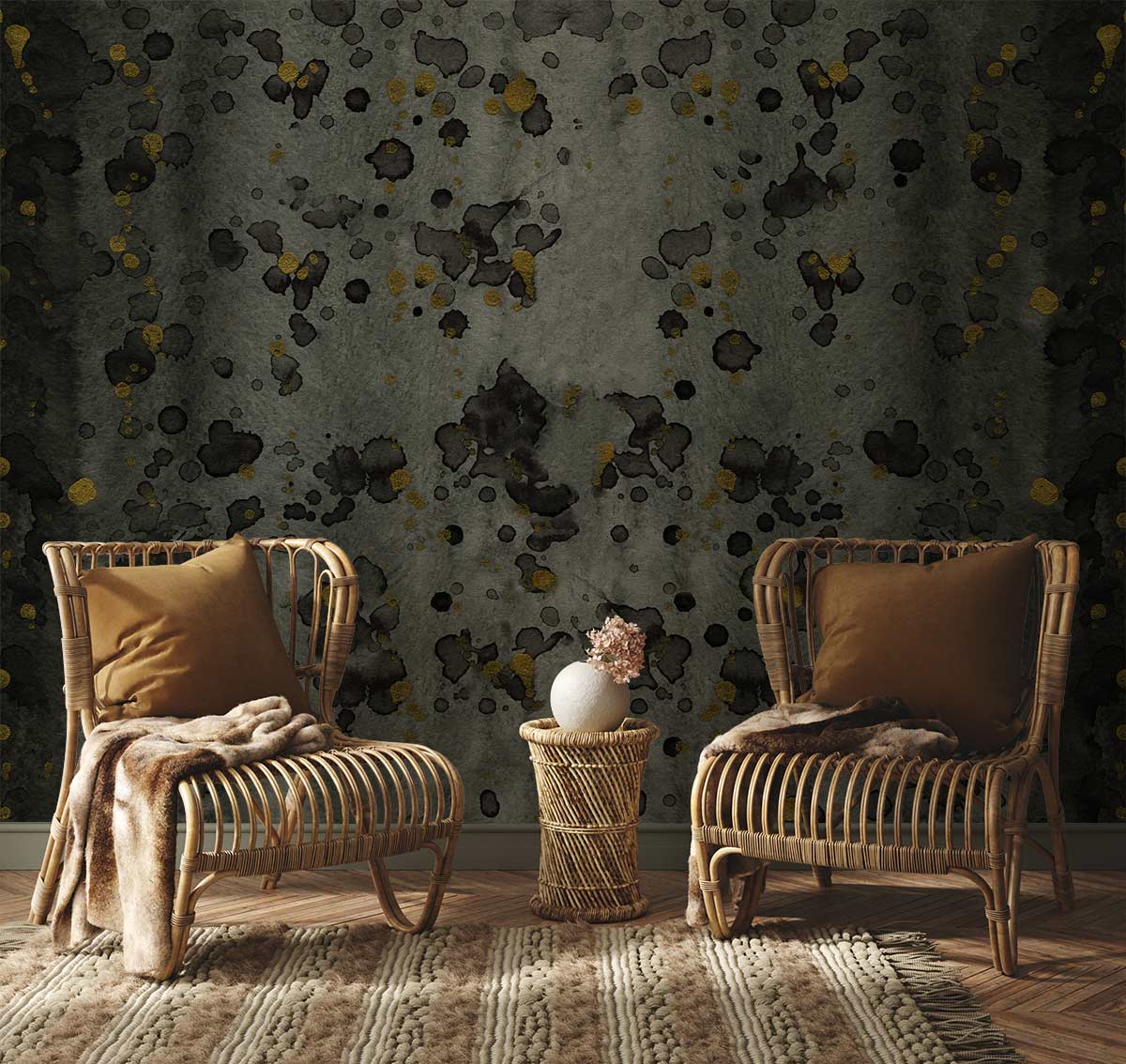Living Room Wallpaper Mural Featuring Gold and Black Dots