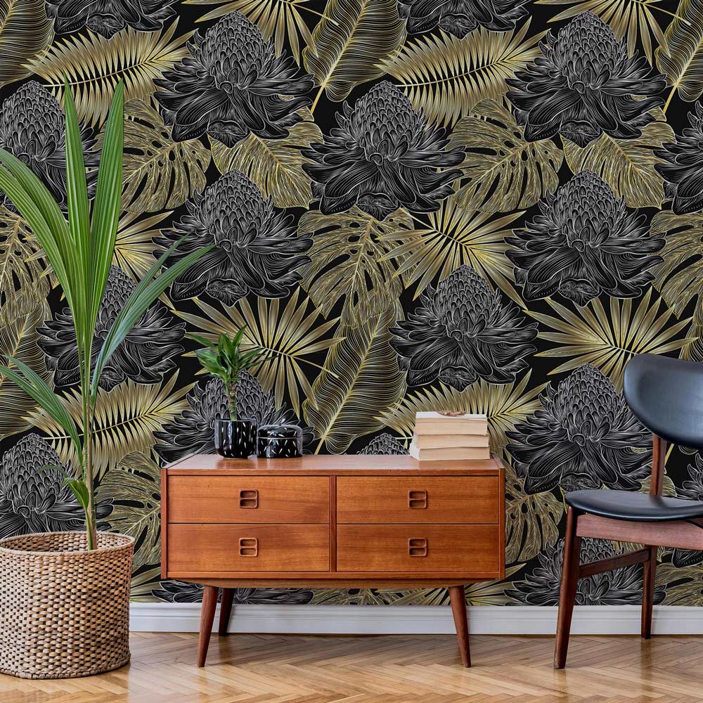 a wallpaper featuring blossoming flowers and palm tree foliage