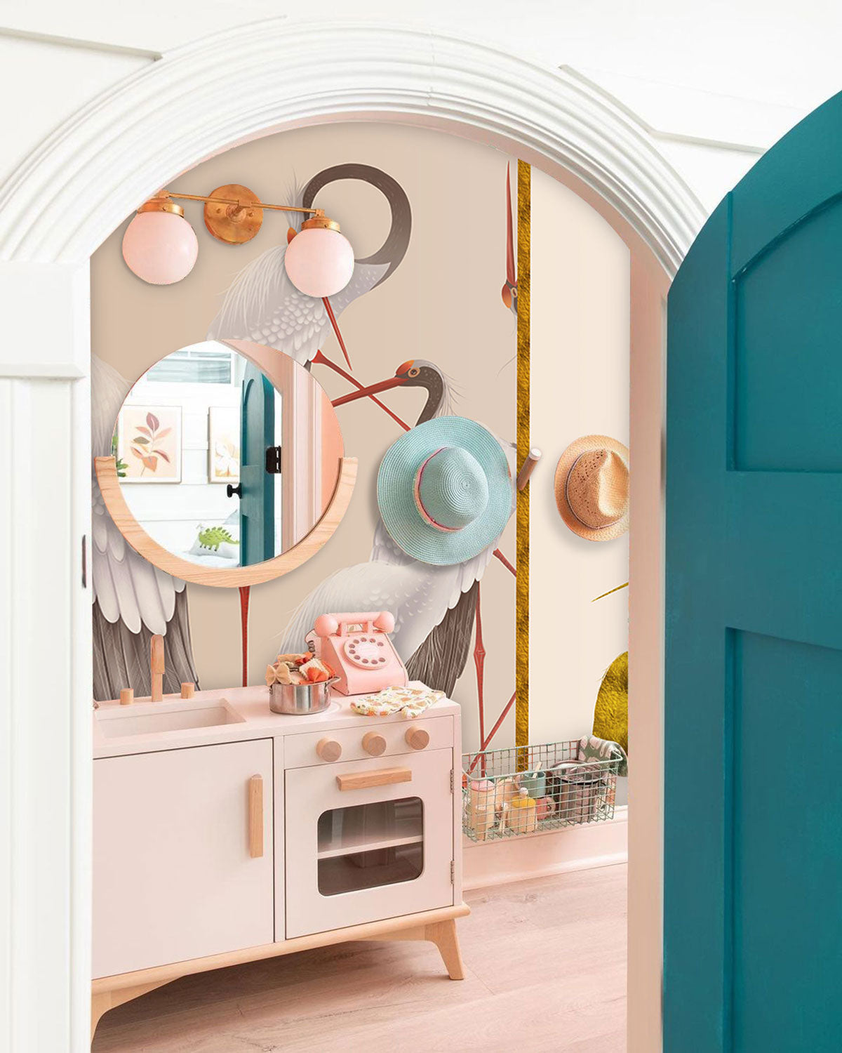 Elegant Gold Crane Bird Mural Wallpaper in playroom
