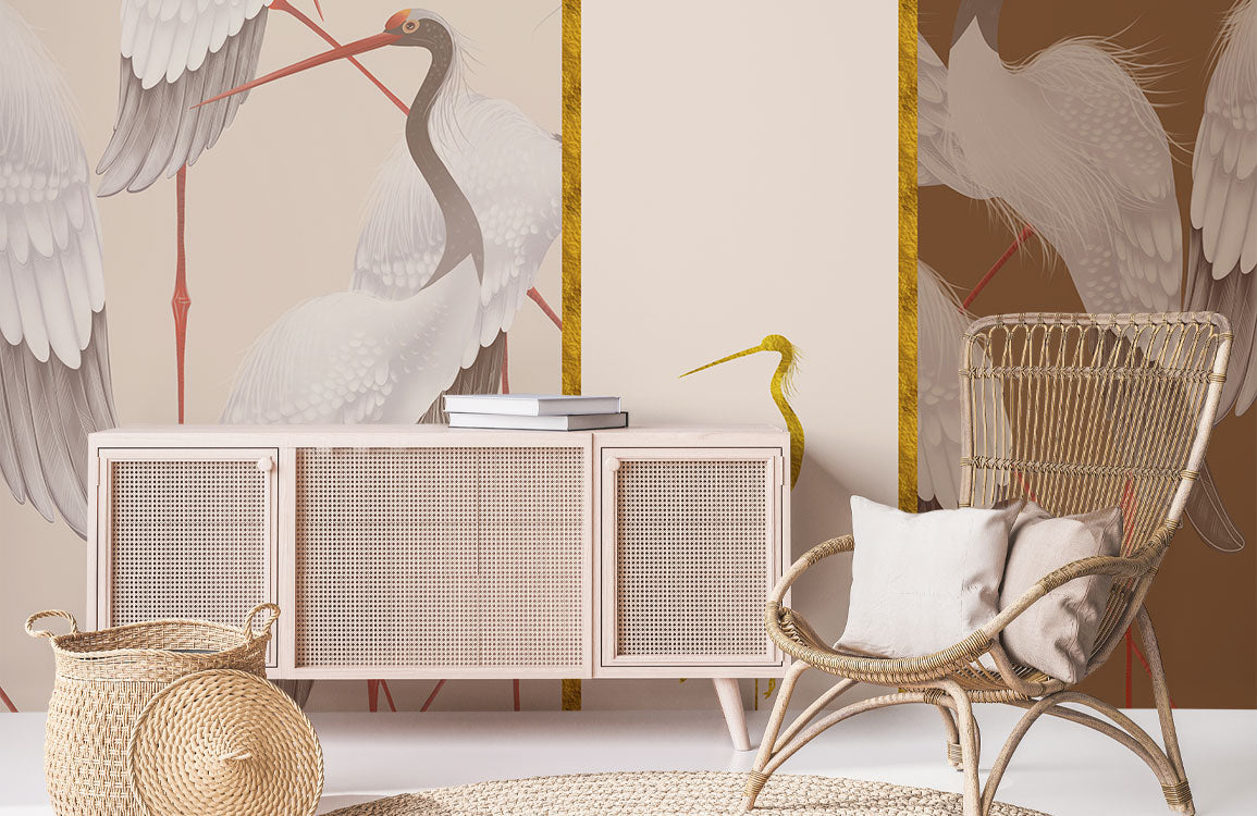Elegant Gold Crane Bird Mural Wallpaper in living room
