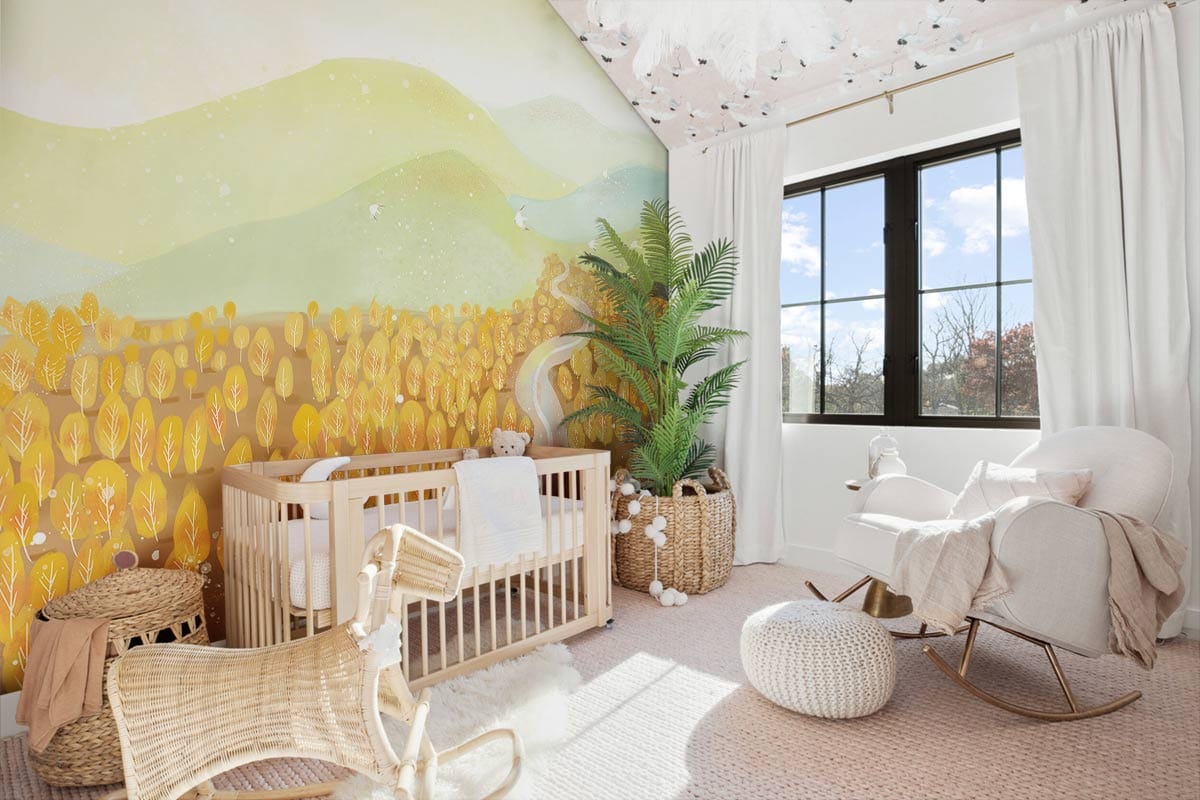 Sunny Autumn Fields Landscape Mural Wallpaper in nursery