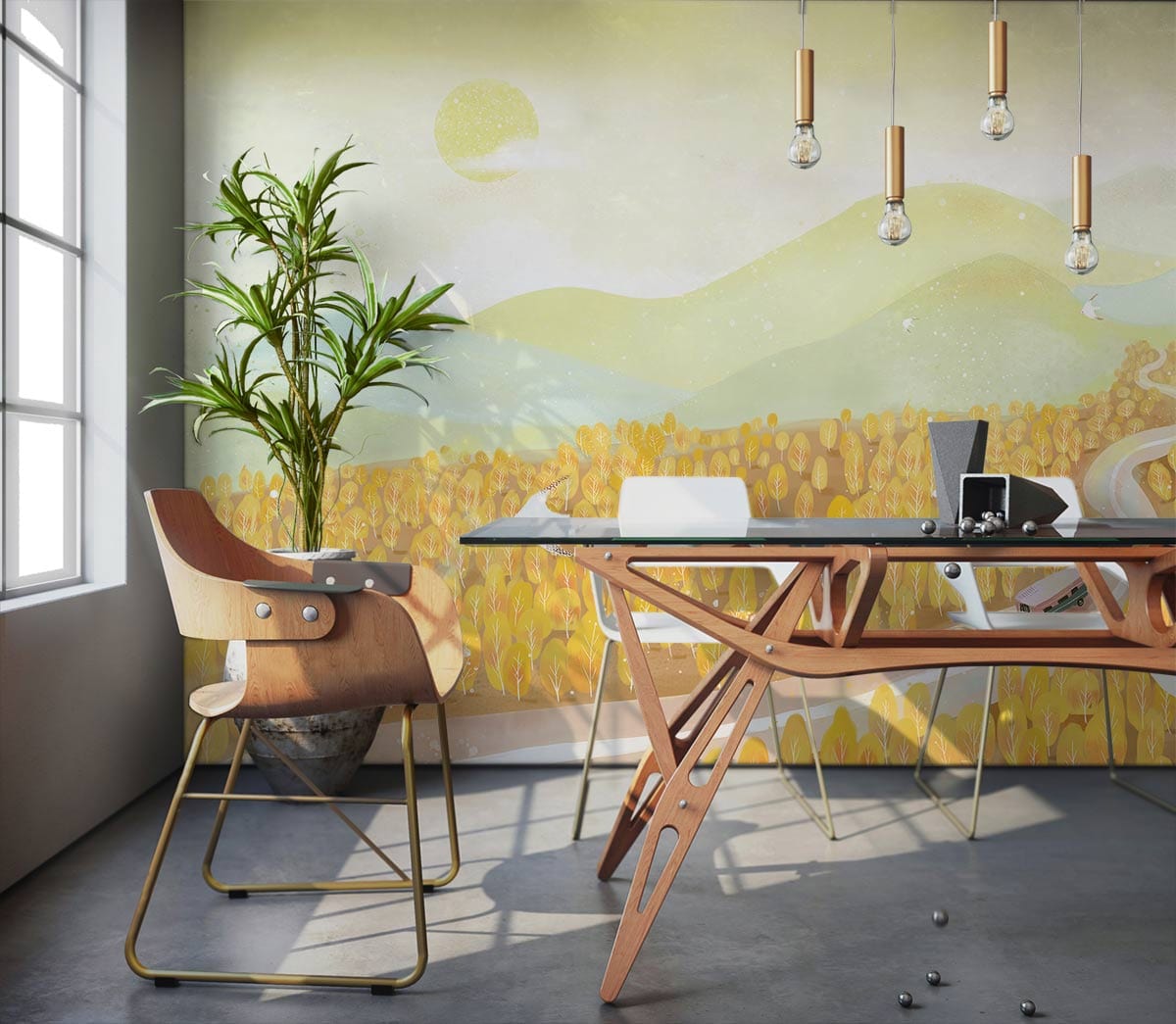 Sunny Autumn Fields Landscape Mural Wallpaper in dining room