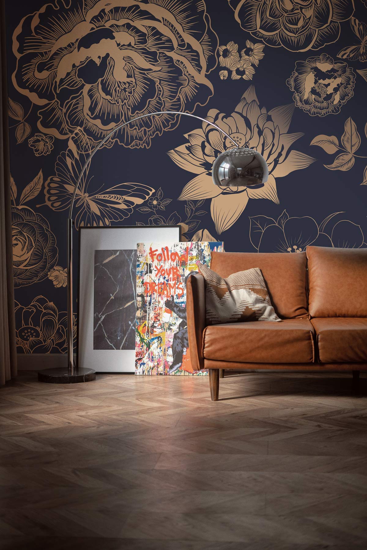 Elegant Gold Floral Navy Mural Wallpaper in living room