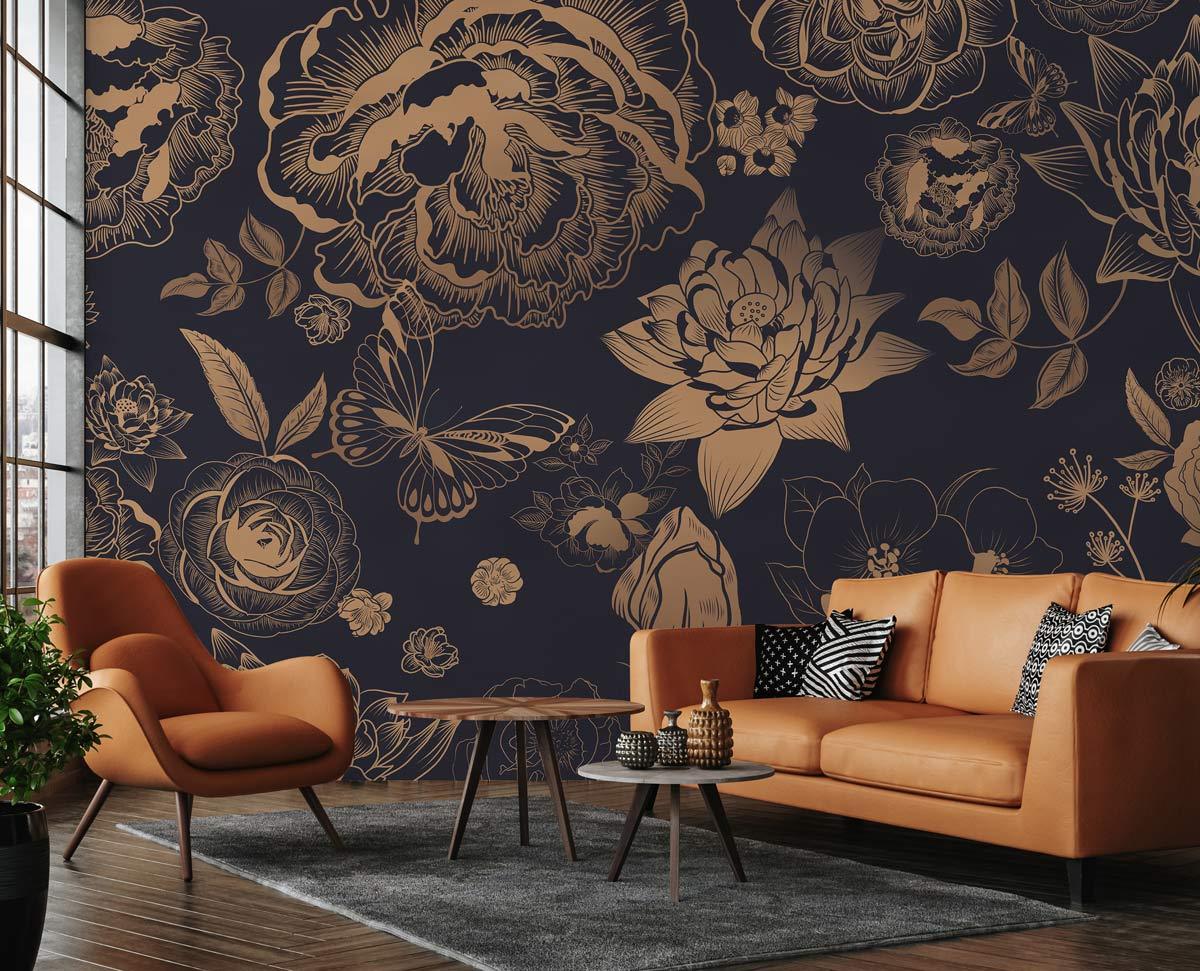 Elegant Gold Floral Navy Mural Wallpaper in living room