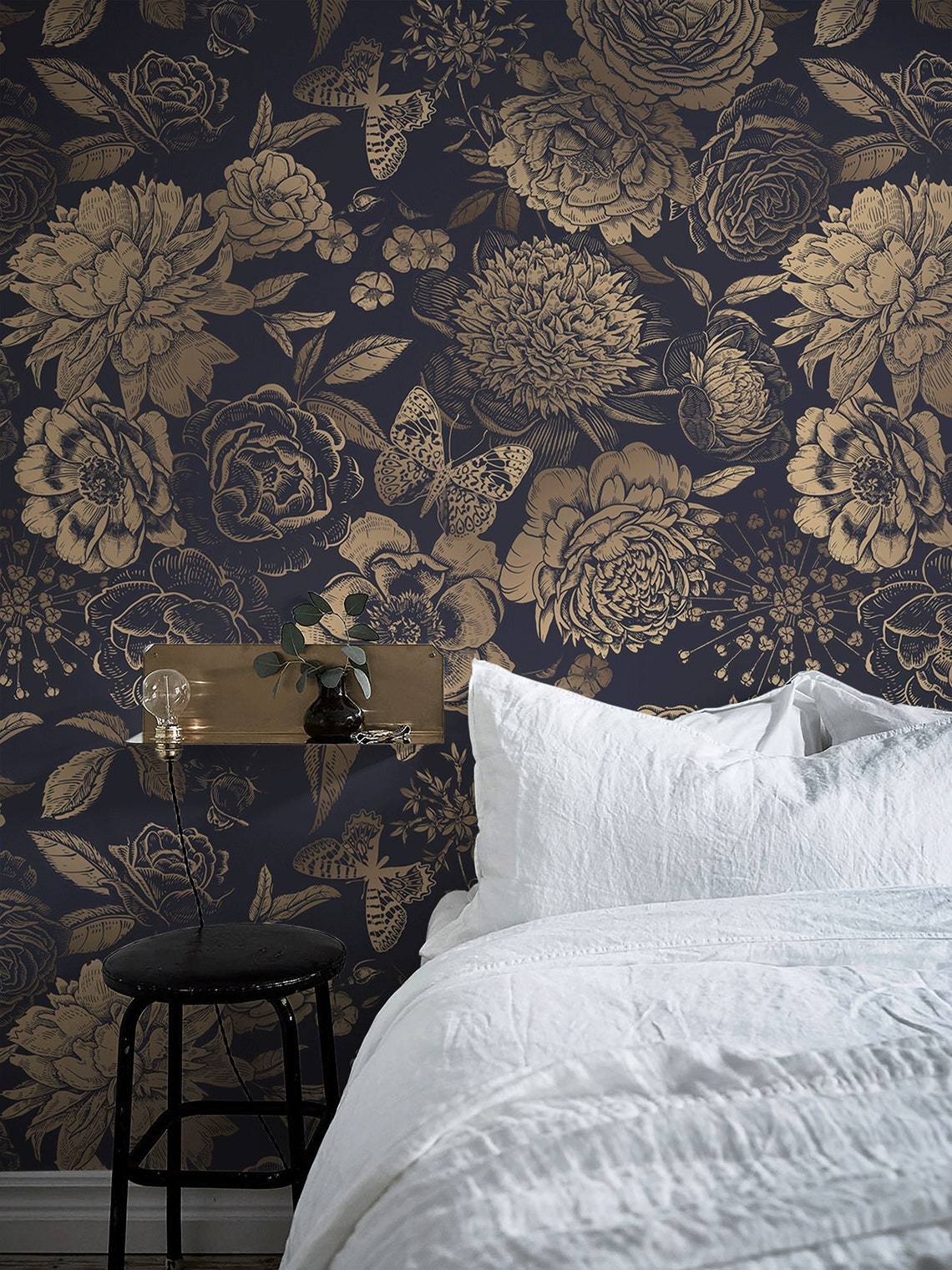 Elegant Gold Floral Navy Mural Wallpaper in bedroom