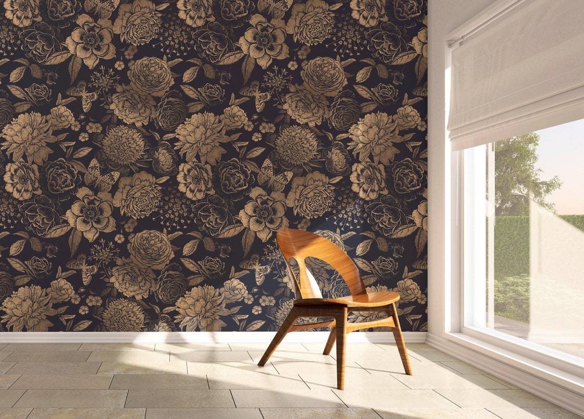 Elegant Gold Floral Navy Mural Wallpaper