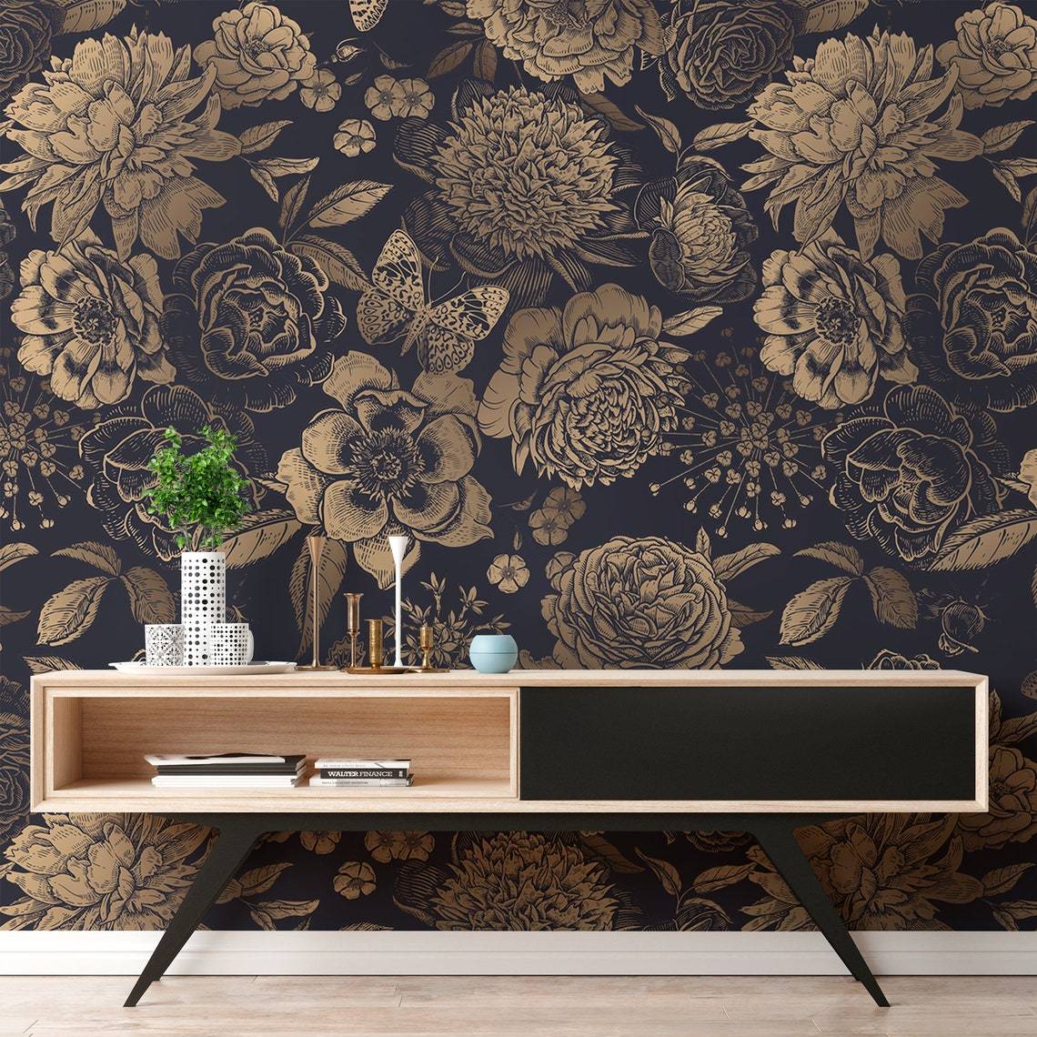 Elegant Gold Floral Navy Mural Wallpaper in living room