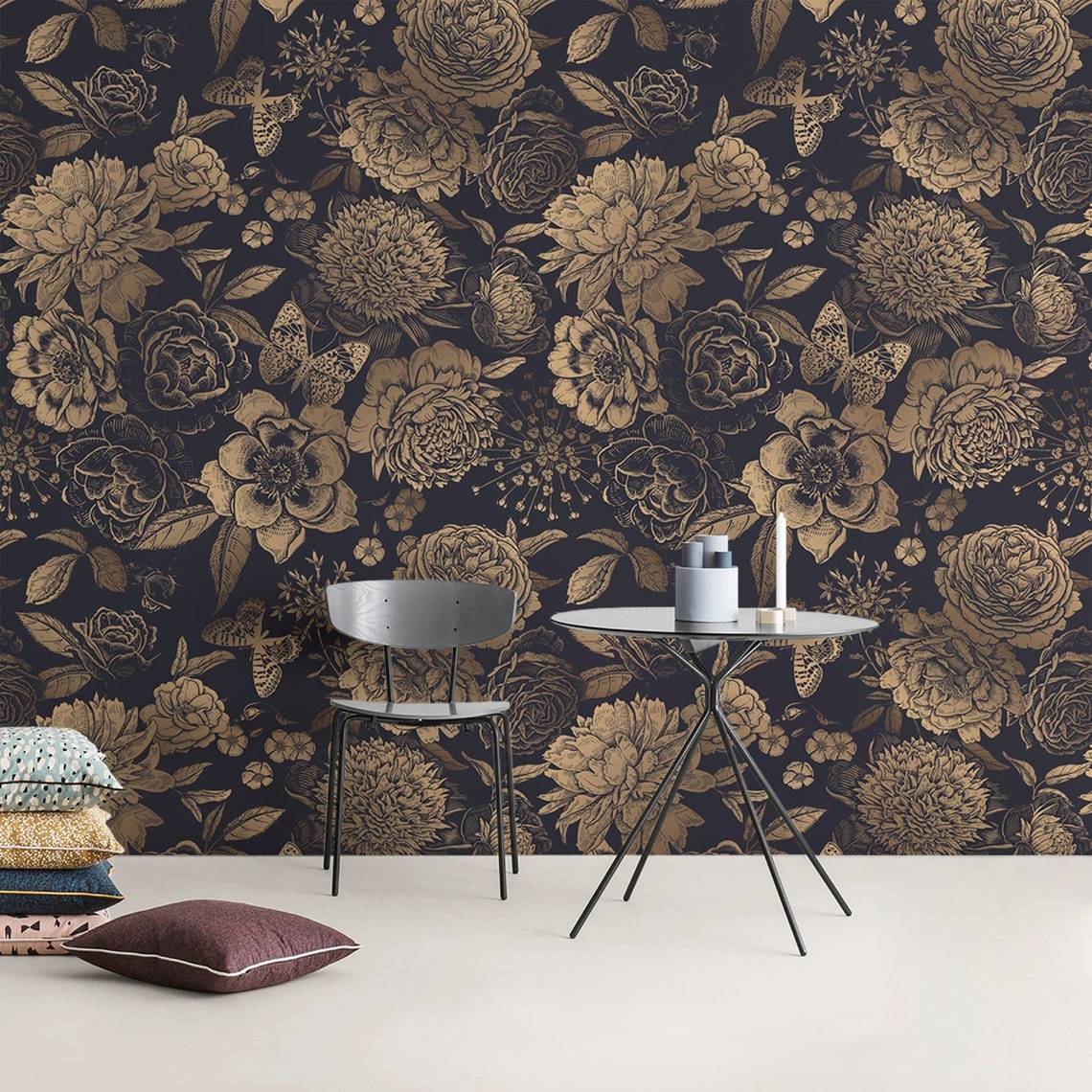 Elegant Gold Floral Navy Mural Wallpaper in living room