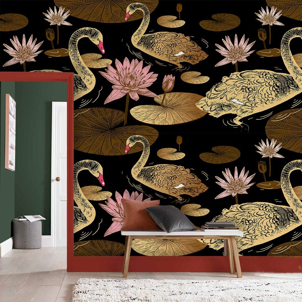flowery wallpaper mural with geese and lotuses