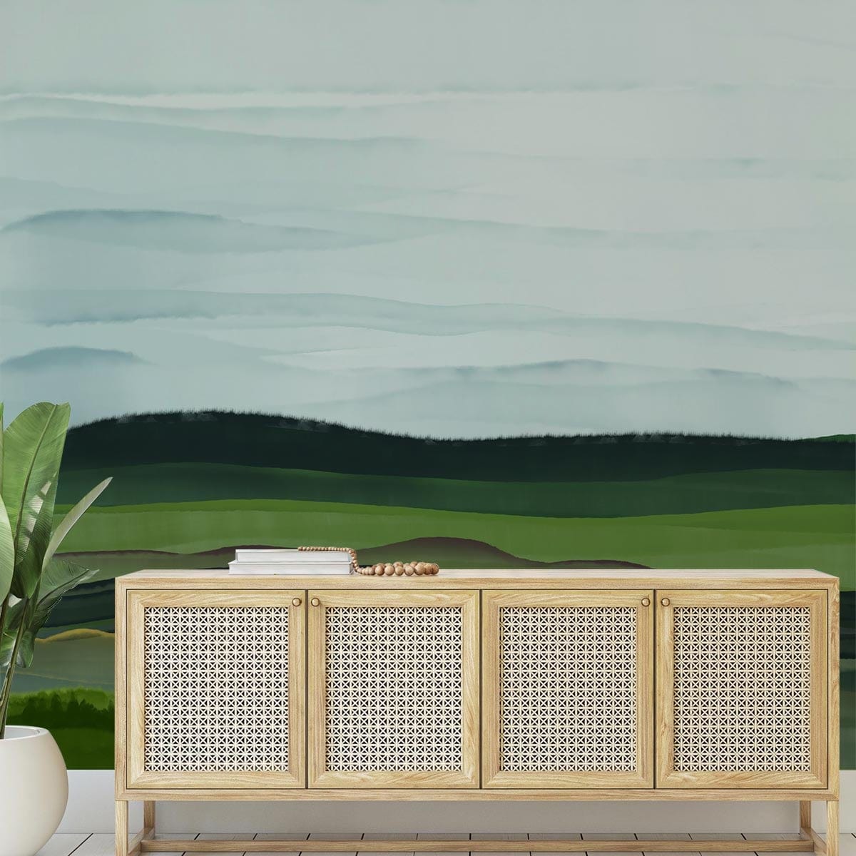 Serene Landscape Watercolor Wall Mural in living room