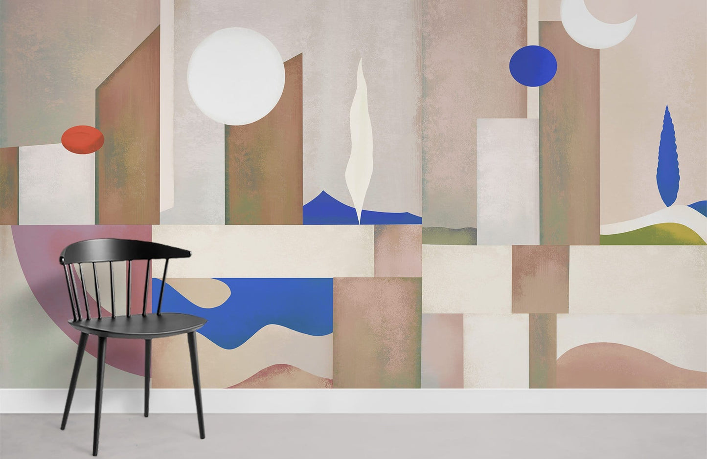 Room with a Mural Featuring a Pink Geometric Pattern Wallpaper