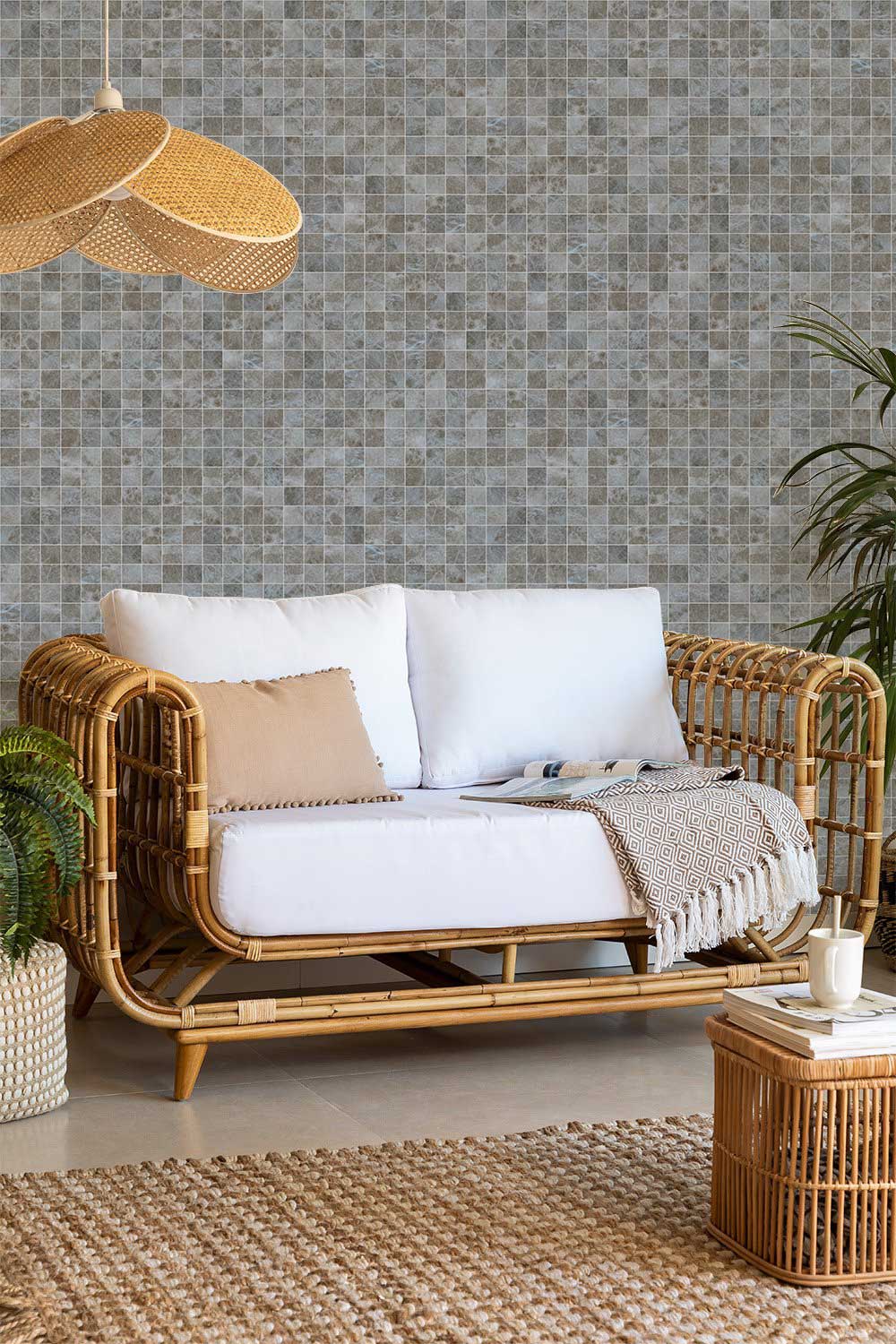 Living Room with a Mosaic Wallpaper Mural in Gray