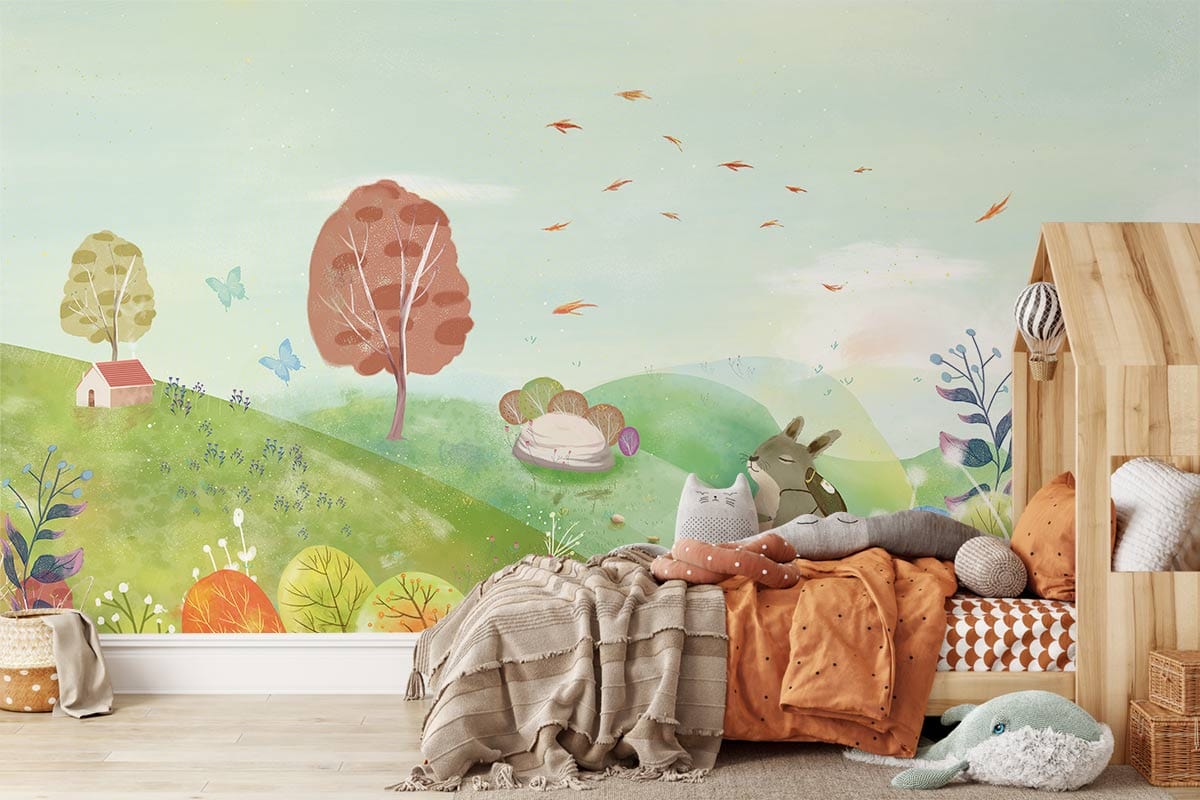 Whimsical Forest Animal Nursery Mural Wallpaper in bedroom
