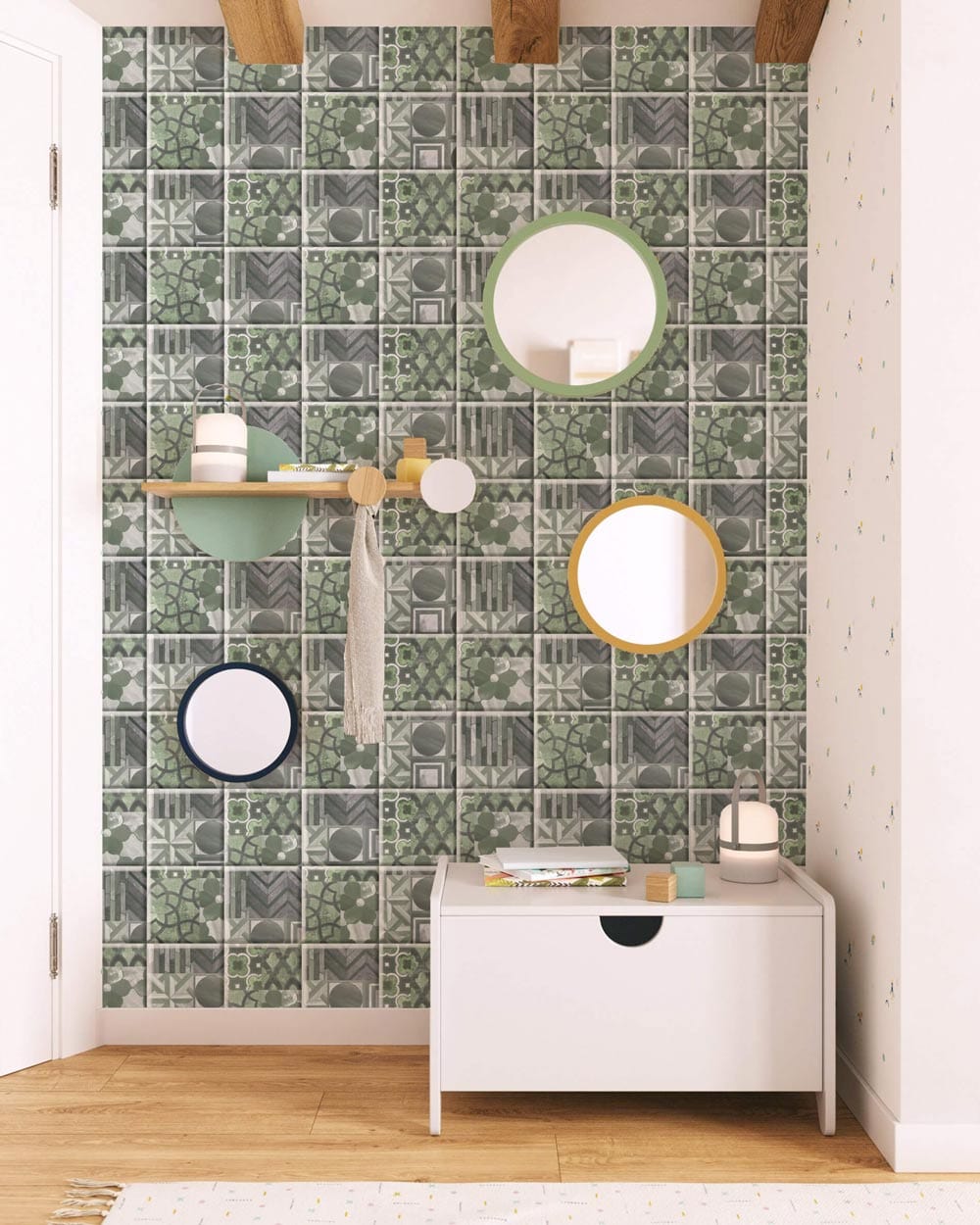 lush green pattern in tile surface wall living room
