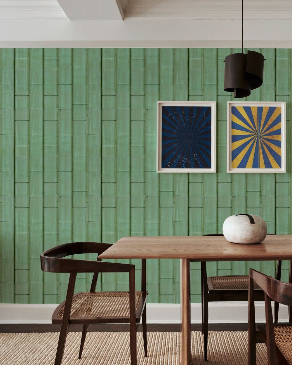 Modern Emerald Green Geometric Mural Wallpaper in dining room