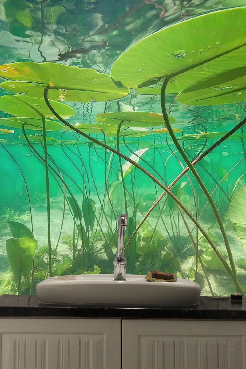 Wallpaper mural with a green underwater world for use in decorating the bathroom.