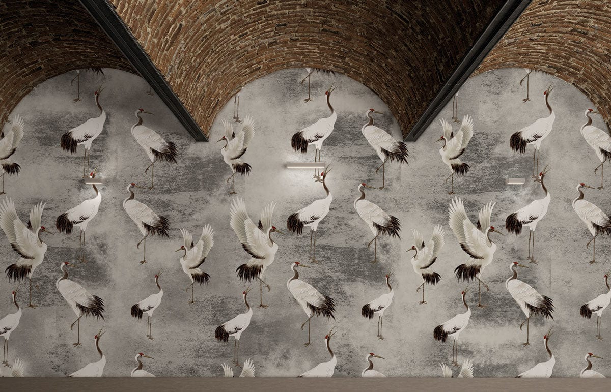 Beautiful Cranes on a Grey Background Wallpaper Mural for Hallway Decorations
