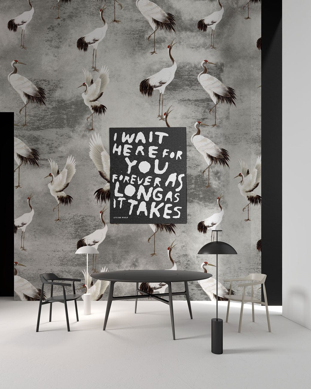 Wallpaper mural featuring a grey and elegant crane design, perfect for the dining room.