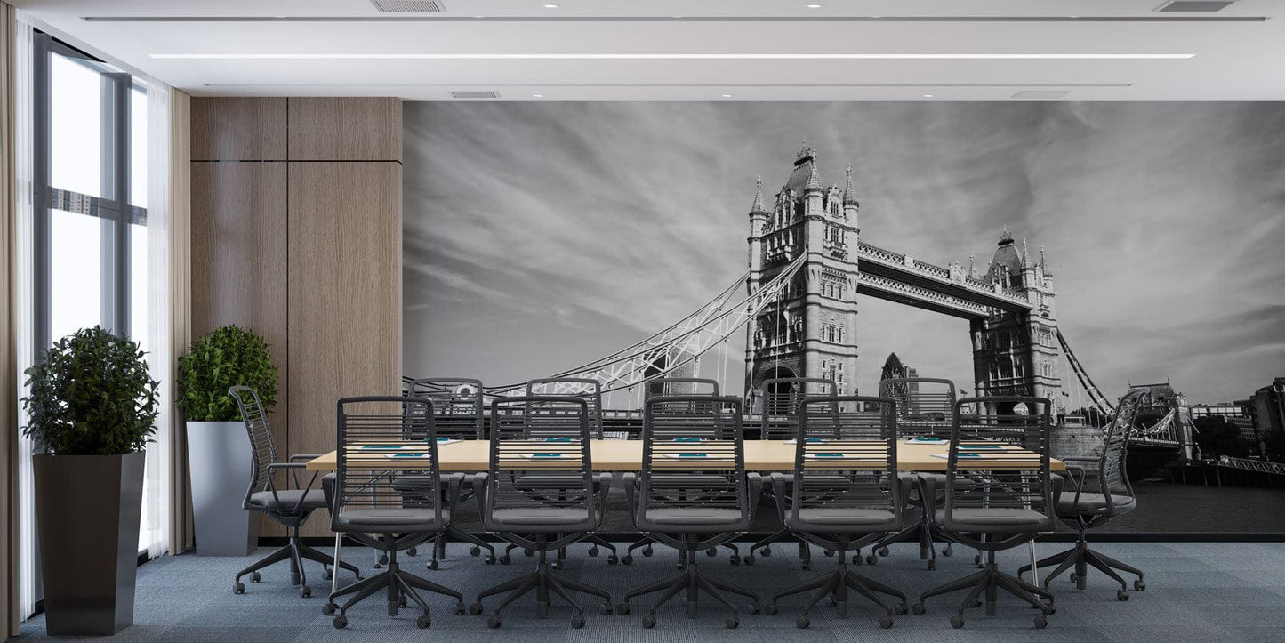 Wallpaper Mural with a Scene of the London Bridge in Grey for Use as Office Decor