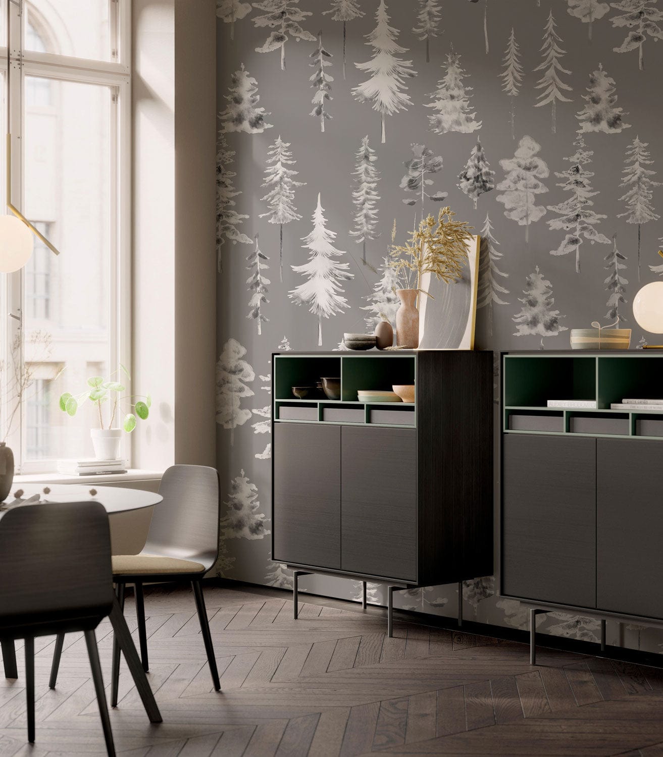 grey watercolor forest wall mural dining room decoration