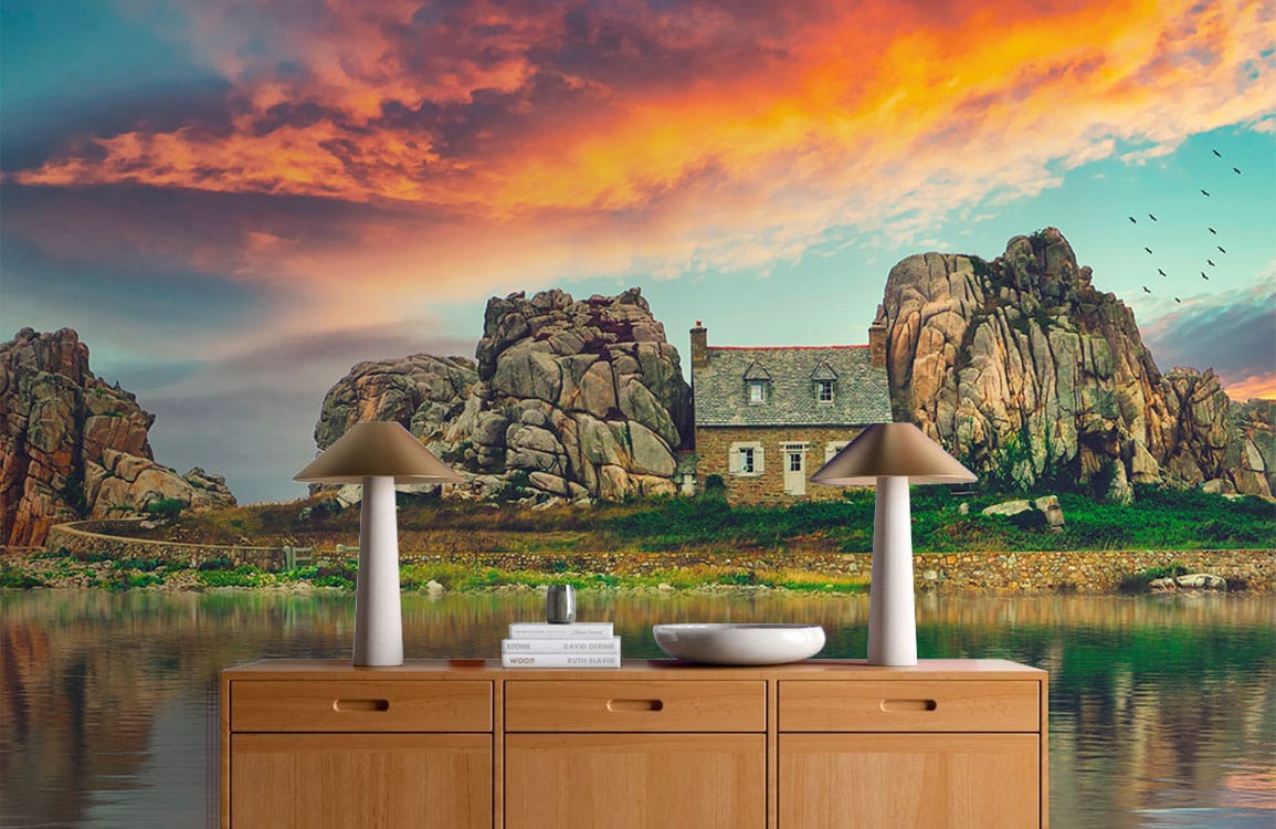 sky, lake, rock and house wallpaper mural for living room decor