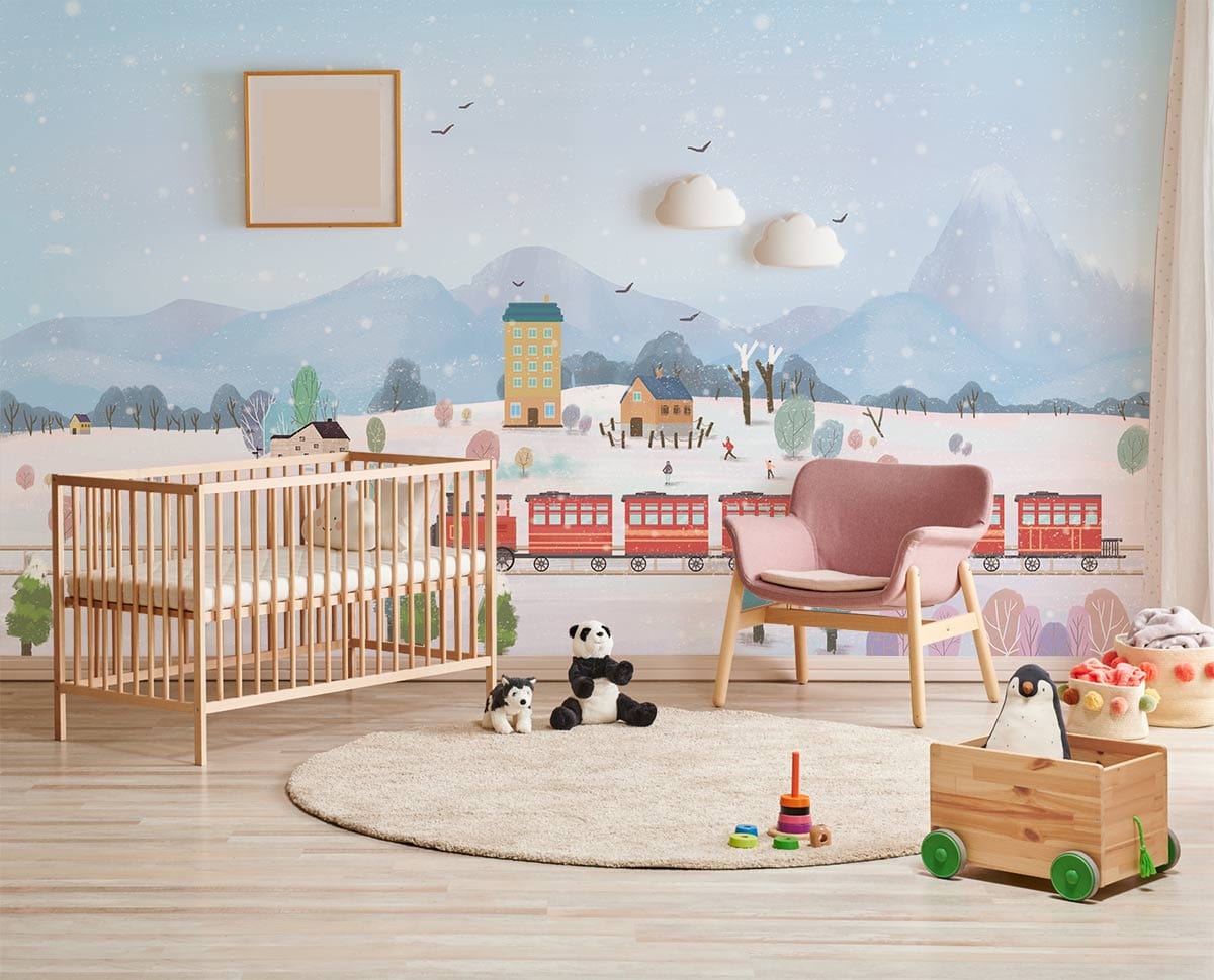 Winter Train Landscape Kids Mural Wallpaper in nursery