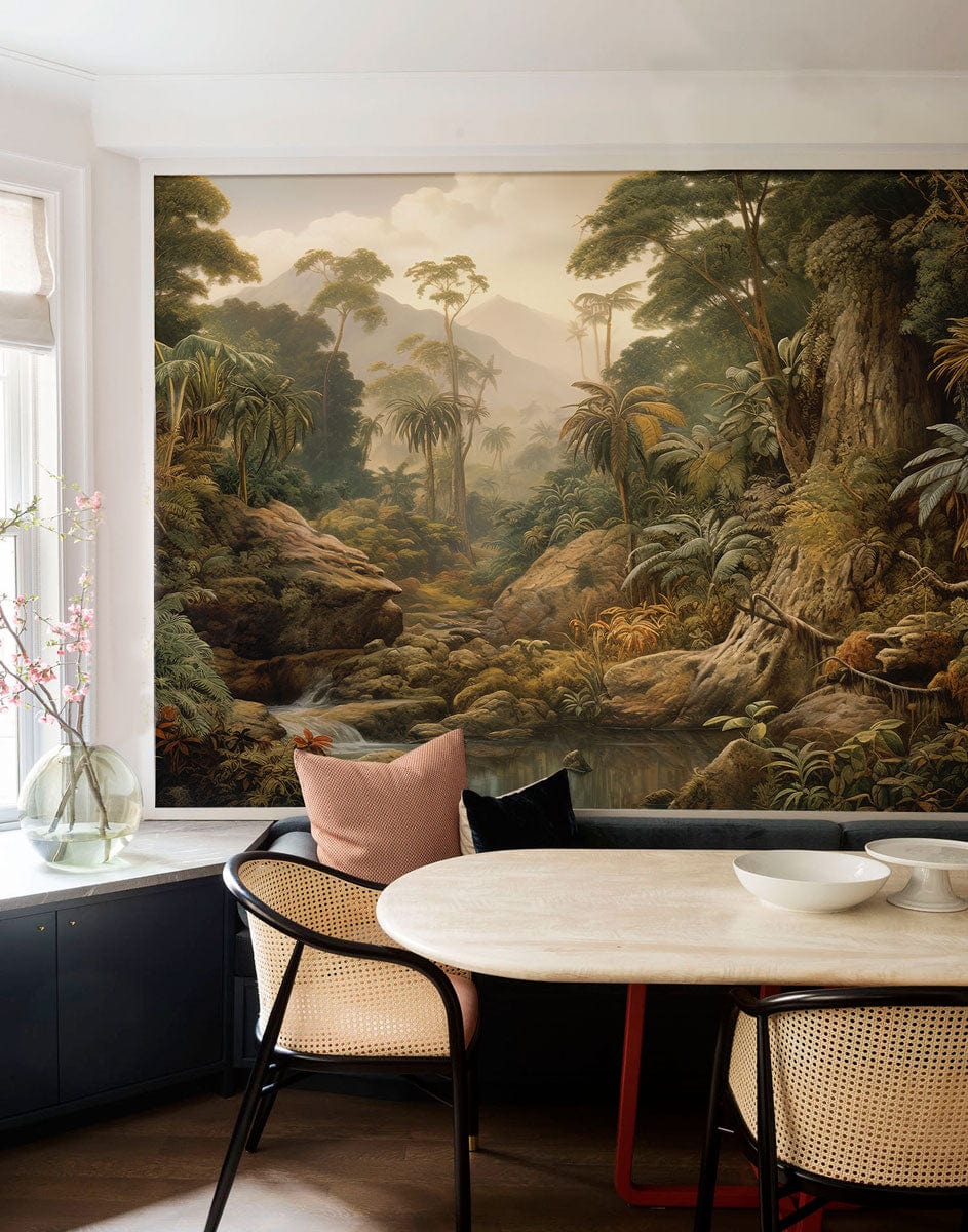 Tropical Jungle Waterfall Scenic Mural Wallpaper in dining room