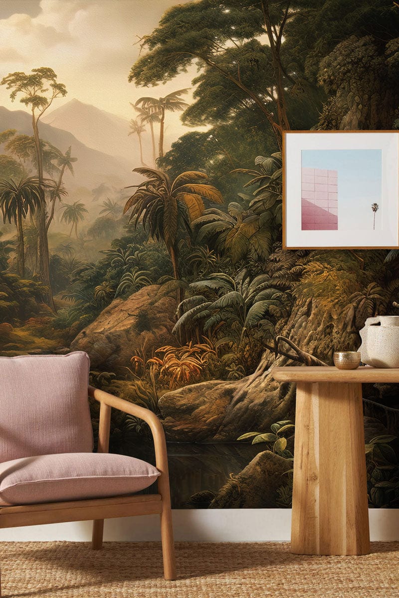 Tropical Jungle Waterfall Scenic Mural Wallpaper in living room