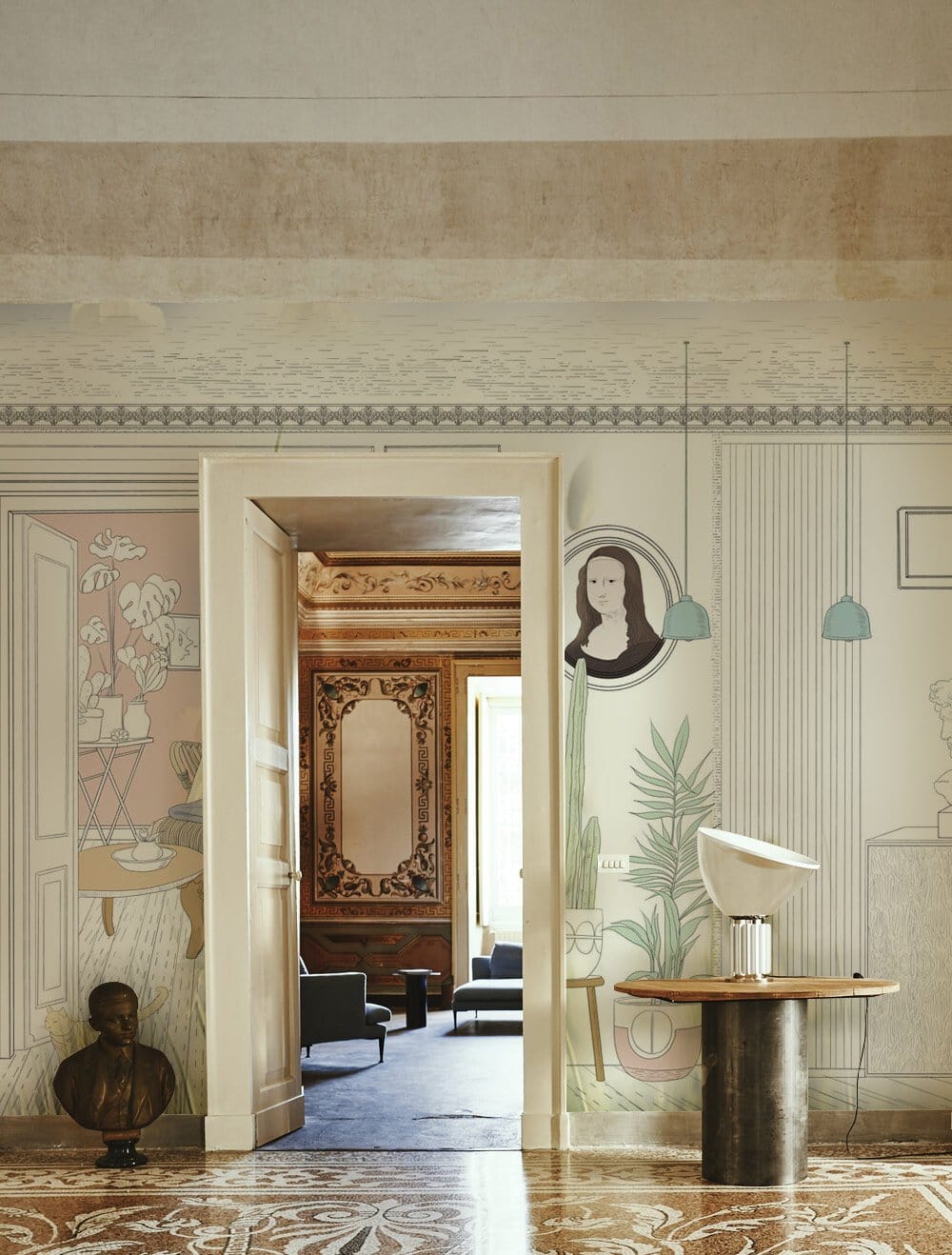 Hallway adornment wallpaper mural designed for indoor use.