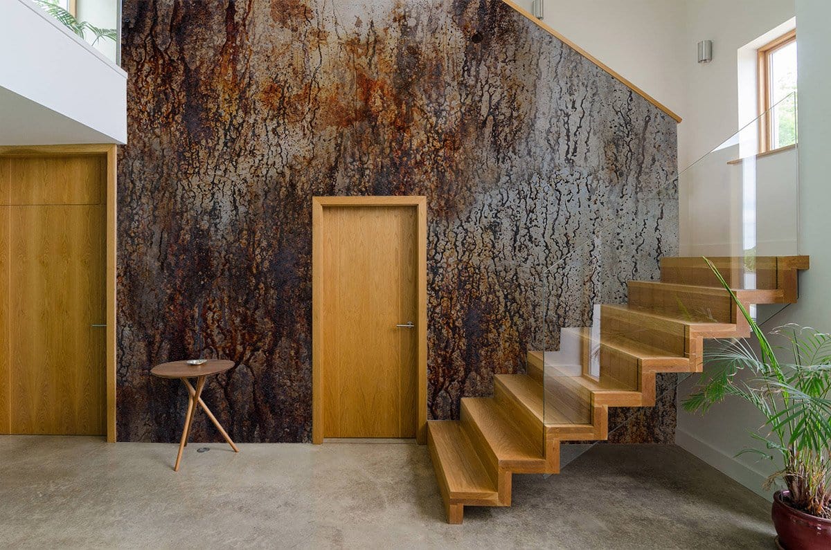 Rustic Abstract Brown Metal Wallpaper Mural in entryway