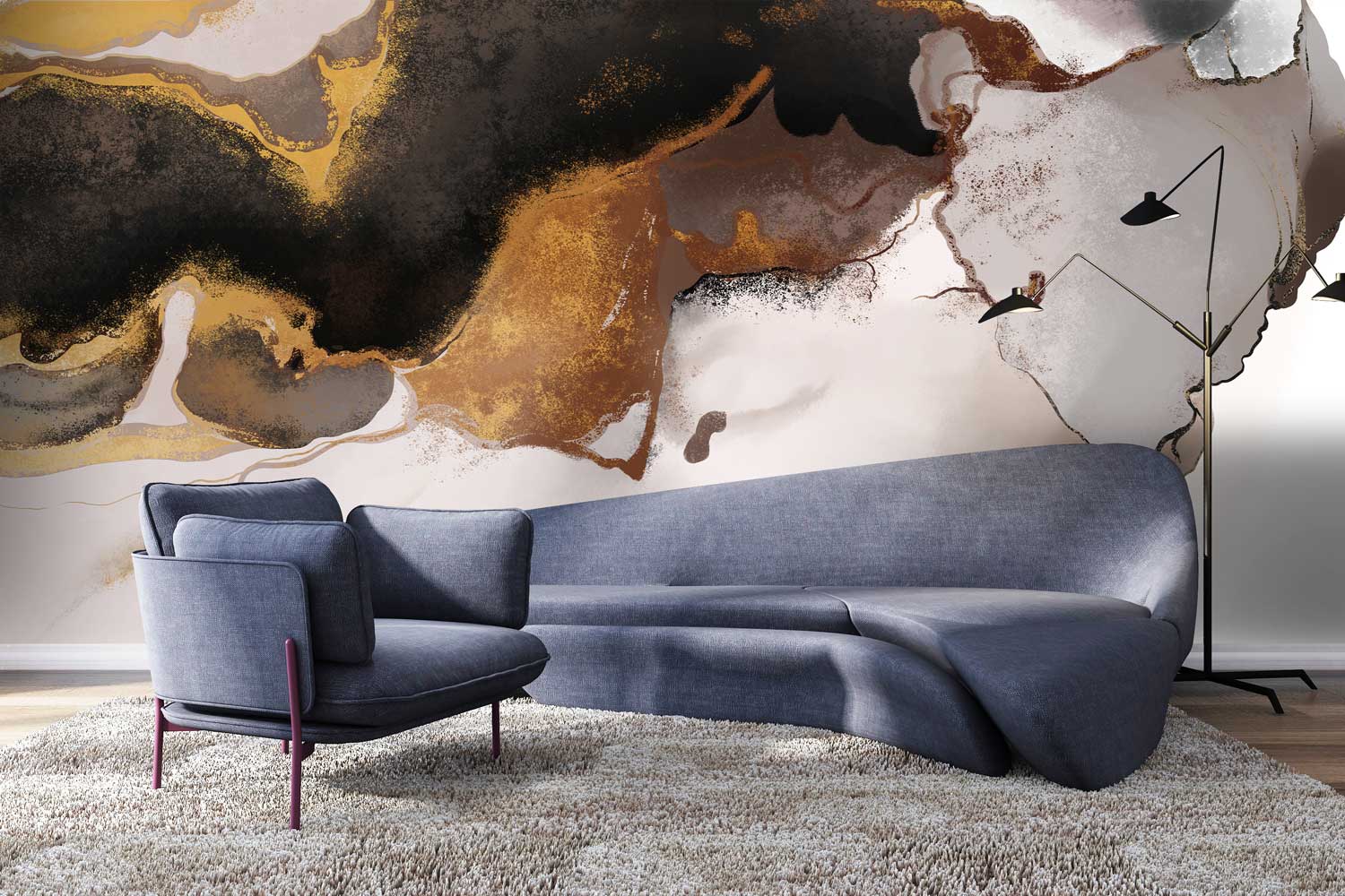 Abstract Gold Marble Ink Mural Wallpaper in living room