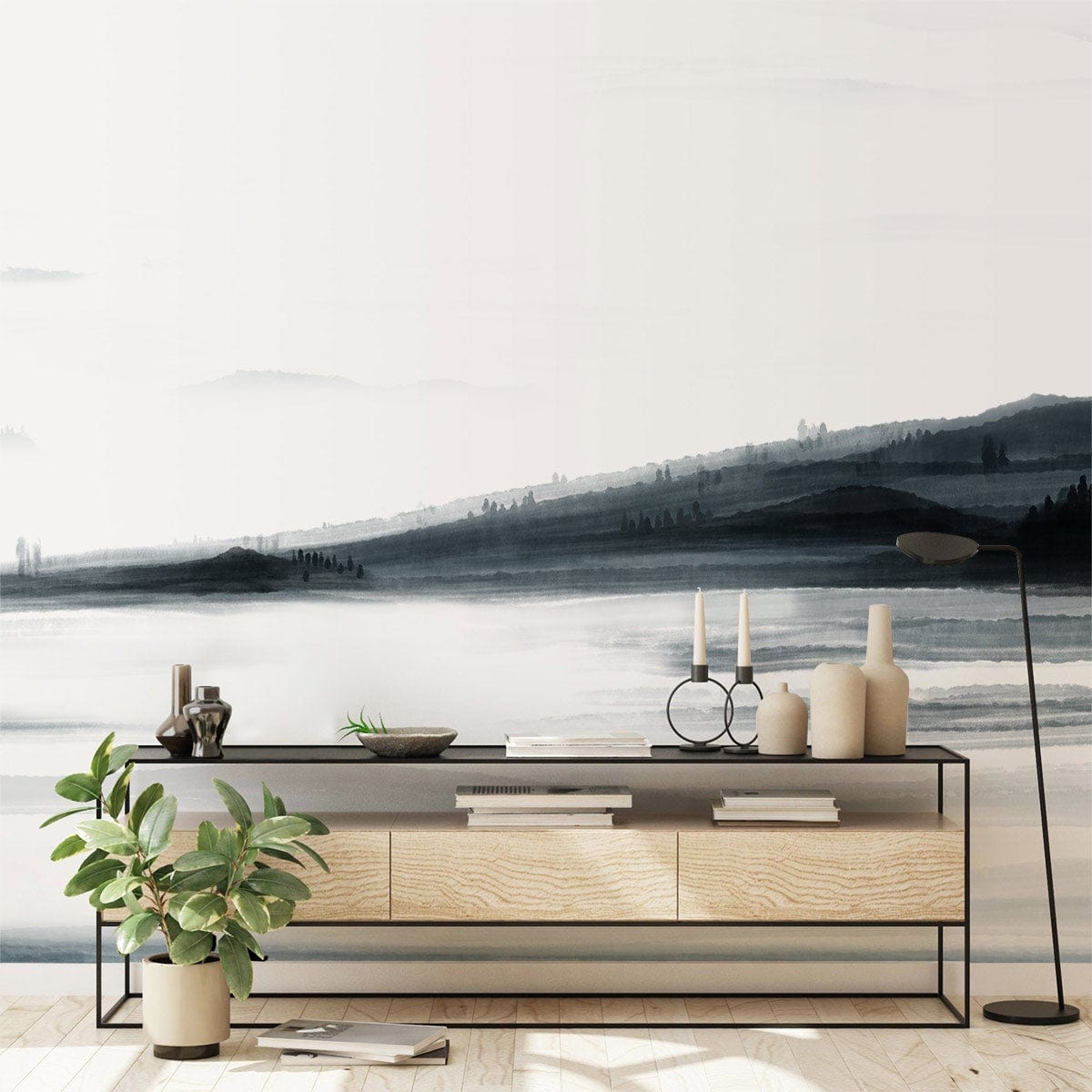 Monochrome Watercolor Landscape Mural Wallpaper in living room