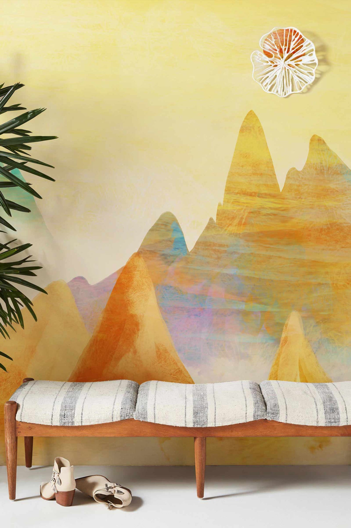 Sunset Mountain Watercolor Mural Wallpaper in entryway
