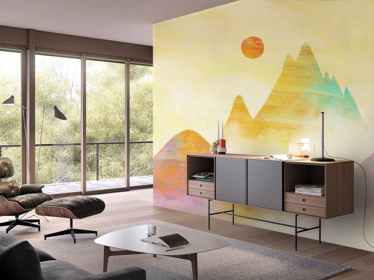 Abstract Watercolor Mountain Landscape Mural Wallpaper in living room