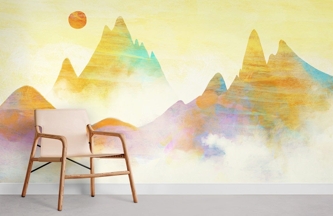 Abstract Watercolor Mountain Landscape Mural Wallpaper in living room