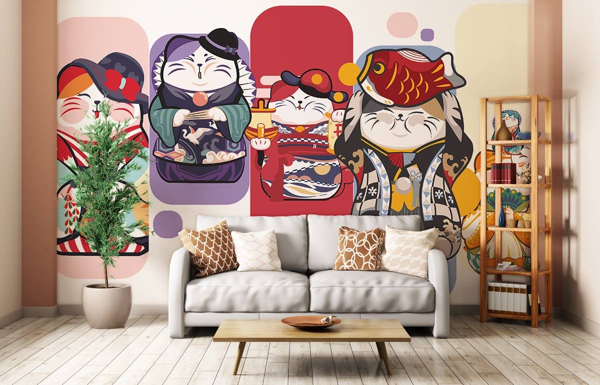Japanese Cats Pattern Cartoon Wallpaper Custom Design