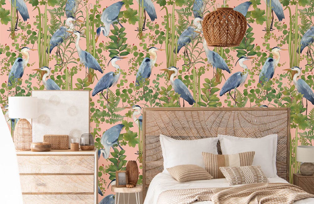 Tropical Heron Pink Botanical Mural Wallpaper in bedroom