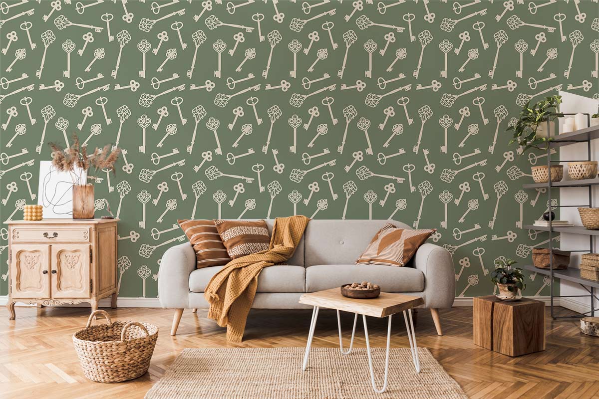 Vintage Key Pattern Olive Mural Wallpaper in living room