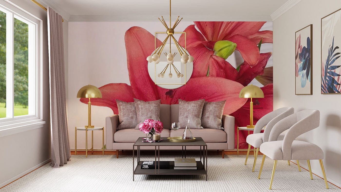 large lily blossom wallpaper mural living room interior