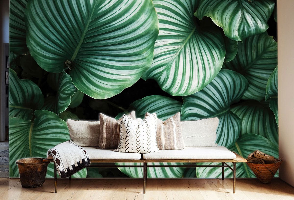 large tropical leaves wallpaper mural hallway design