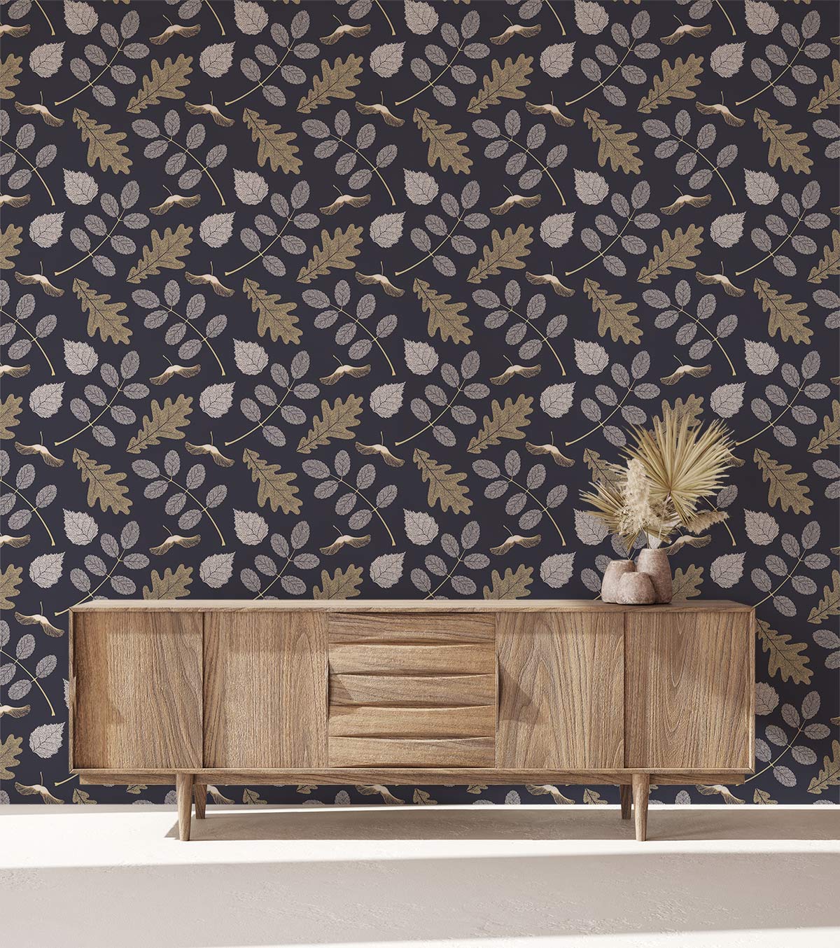 Navy Botanical Leaf Pattern Mural Wallpaper in living room