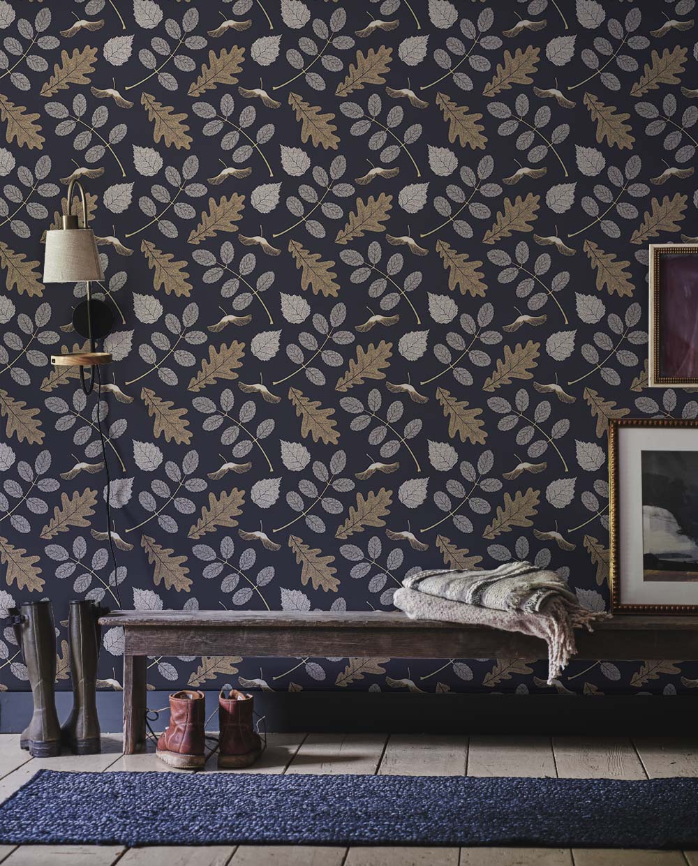 Navy Botanical Leaf Pattern Mural Wallpaper in entryway