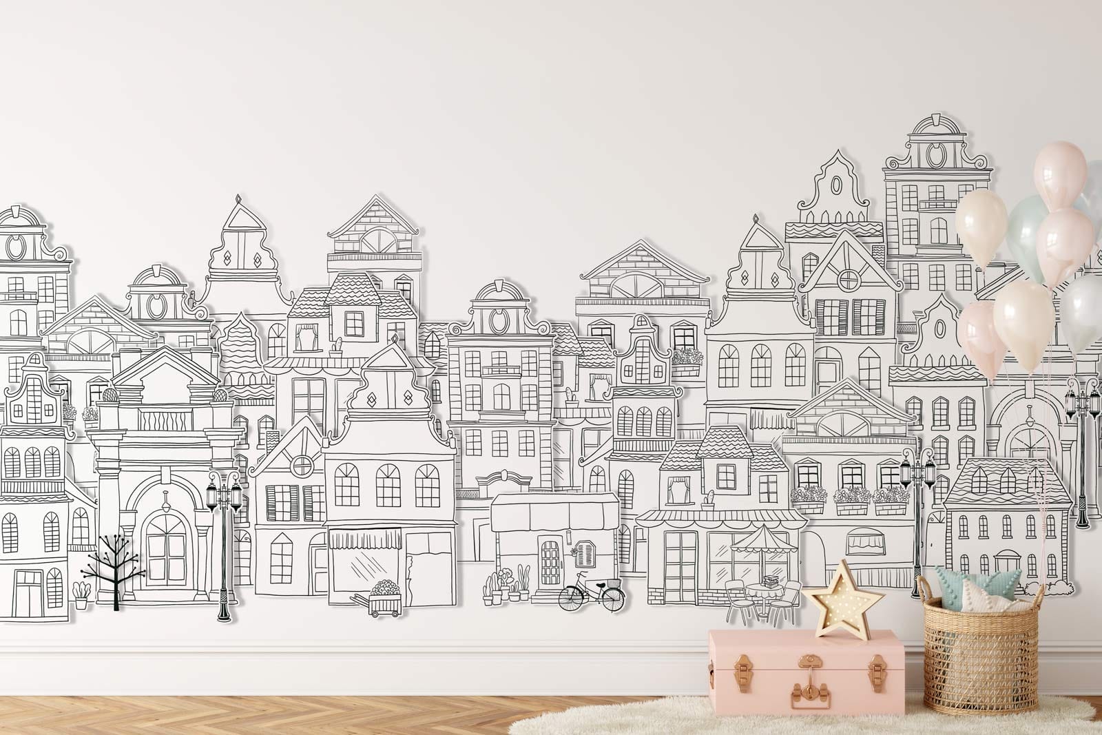 Wallpaper mural with a line drawing of buildings, perfect for decorating a child's bedroom.