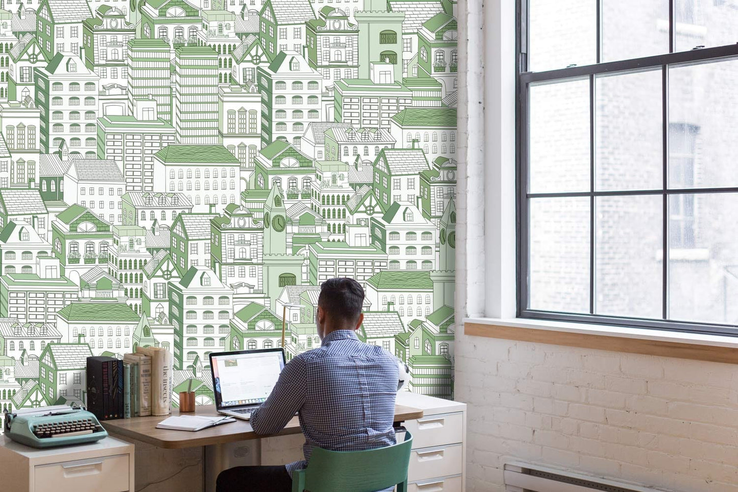 Green Urban Landscape Illustrative Mural Wallpaper in office